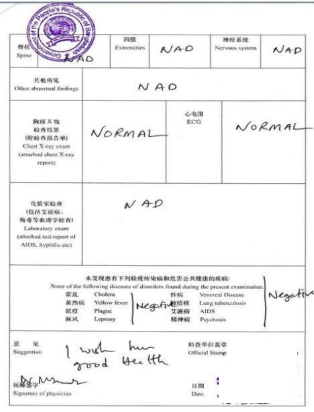 Medical report for china visa